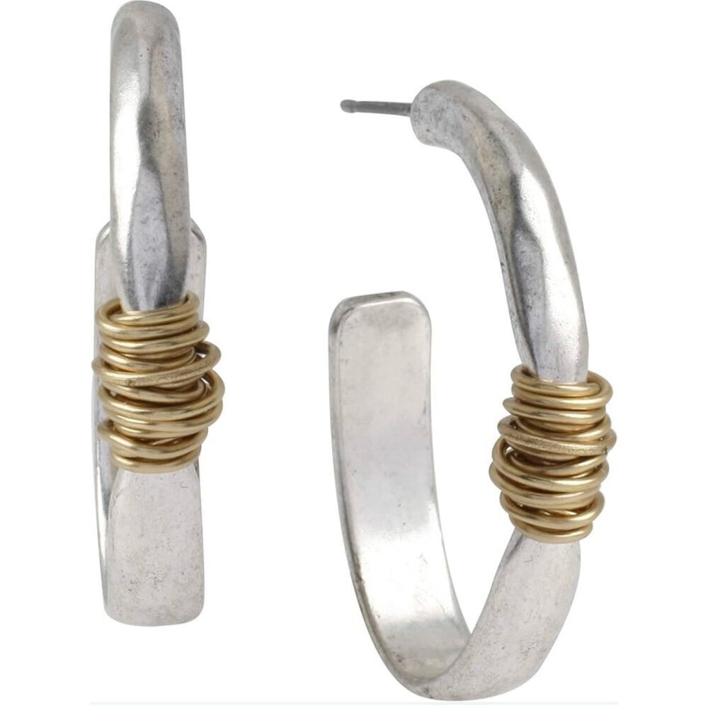NWT Robert Lee Morris Soho 2 Tone Silver Gold Wire Wrap Oval Hoop earrings